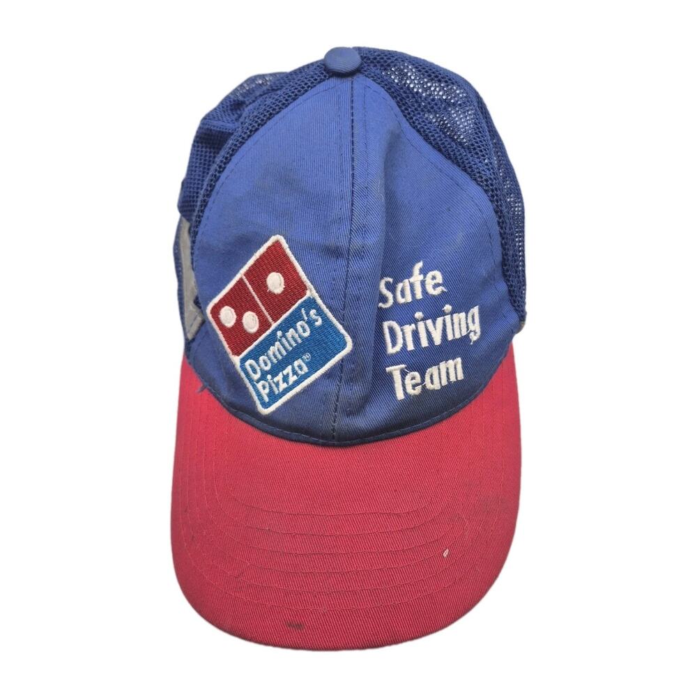 Vintage Domino's Pizza Safe Driving Team Mesh Trucker Snapback Hat Cap Blue Red